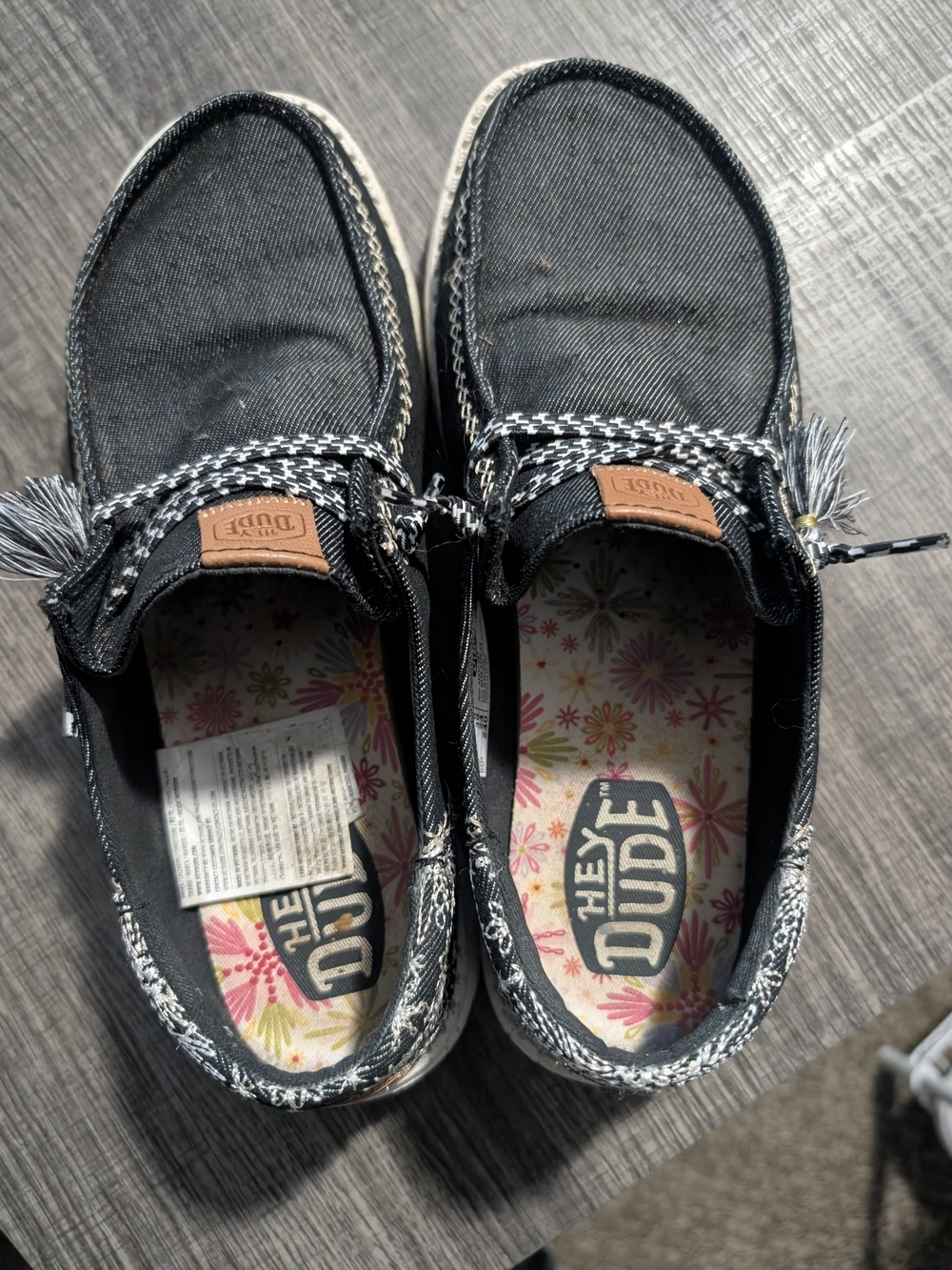 Hey Dude Women's Black Slip-On Flats with Floral Insole